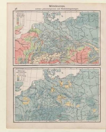 Mitteleuropa, mittlere Jahrestemperatur und Niederschlagsmengen