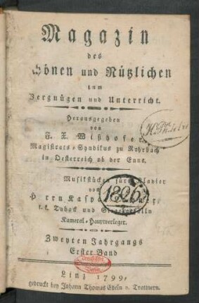 2. Jahrgang, 1.Band: Magazin des Schönen und Nützlichen zum Vergnügen und Unterricht