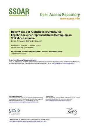Reichweite der Alphabetisierungskurse: Ergebnisse einer repräsentativen Befragung an Volkshochschulen
