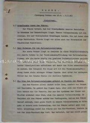 Typoskript eines Vortrages zur Schulung für NSDAP-Funktionäre über die NS-Rassenpolitik