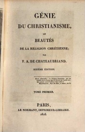 Génie du christianisme, ou beautés de la religion chrétienne, 1