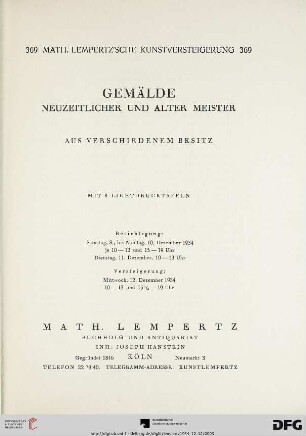Nr. 369: Math. Lempertz'sche Kunstversteigerung: Gemälde neuzeitlicher und alter Meister - aus verschiedenem Besitz : mit 8 Lichtdrucktafeln ; 12. Dezember 1934