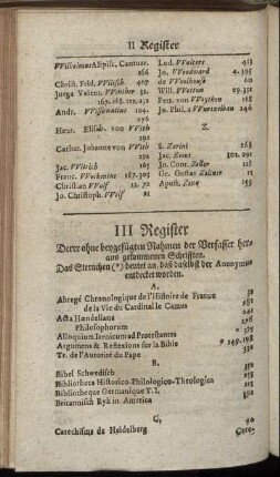 III. Register Derer ohne beygefügten Nahmen der Verfasser heraus gekommenen Schrifften.