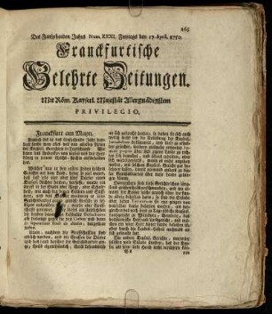 Num. XXXI. Freytags den 17. April. 1750 - Num. XL. Dienstags den 19. Maji. 1750