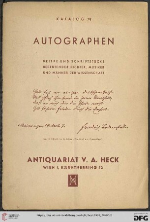 Nr.78: Katalog: Autographen - Briefe und Schriftstücke bedeutender Dichter, Musiker und Männer der Wissenschaft