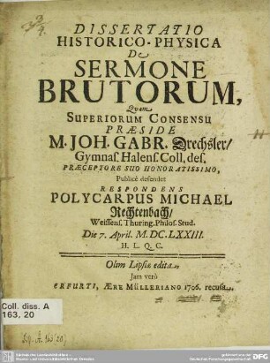 Dissertatio Historico-Physica De Sermone Brutorum...