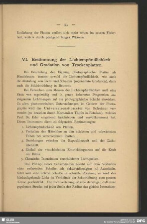 VI. Bestimmung der Lichtempfindlichkeit und Gradation von Trockenplatten