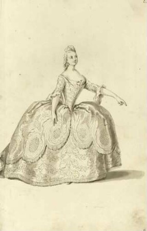 Teresa Albuzzi-Todeschini, Alt, in der Rolle des Elpinice (aus dem Vestiarium der Oper "Ipermestra", aufgeführt am 7. Oktober 1751 in Hubertusburg)