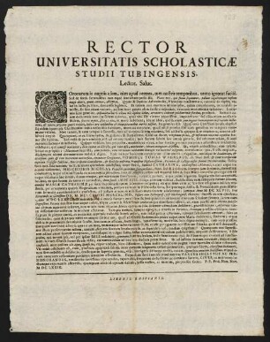 Rector Universitatis Scholasticae Studii Tubingensis, Lector. Salut.