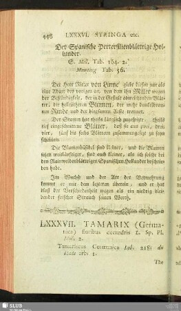 LXXXVII. Tamarix (Germanica) floribus decandris L. Sp. Pl. Mill. 2. ... The German Tamarisk. Le Tamaix d' Allemagne. Der Deutsche Tamariskenstrauch. Die Margrispelstaude in Tyrol