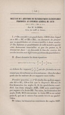 Solution des questions de mathématiques élémentaires proposées au concours général de 1879.