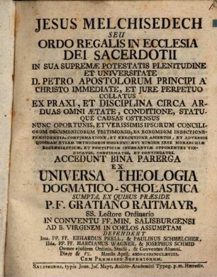 Jesus Melchisedech, seu ordo regalis in ecclesia Dei sacerdotii