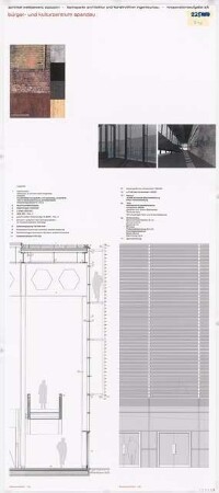 Bürger- und Kulturzentrum »Spandauer Eck«, Berlin-Spandau Schinkelwettbewerb 2001: Fassade: Schnitt, Ansicht 1:20, perspektivische Ansichten