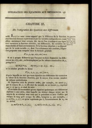 Chapitre III. De l'intégration des équations aux différences.