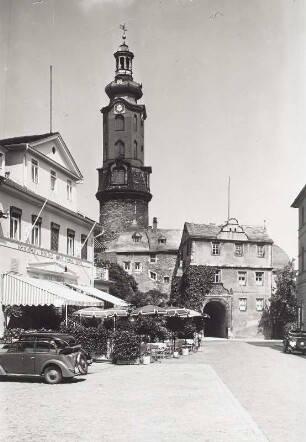 Weimar, Schloss : Weimar. Schloss. Bastille und Schloßturm. Ansicht von Südwesten