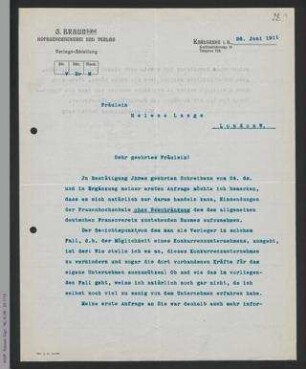 Brief vom G. Braun-Verlag an Helene Lange