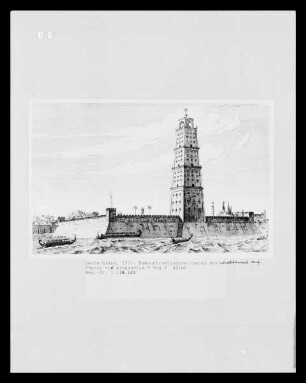 Alexandria: Rekonstruktionszeichnung des Leuchtturmes vor Alexandria