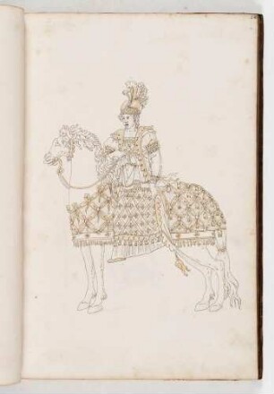 Reiterin mit Turban auf einem Pferd in Prachtreitzeug, in: Equestrium statuarum [...] formae [...] artificiosissime pictis, Bl. 24
