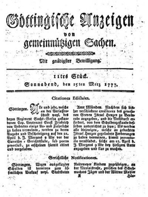 11tes Stück. Sonnabend, den 15ten Merz 1777.