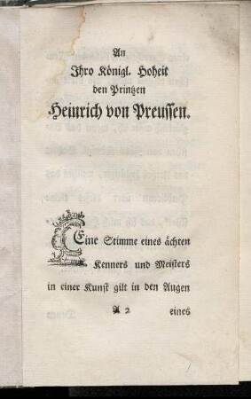 An Ihro Königl. Hoheit den Printzen Heinrich von Preussen.