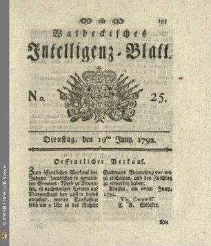 No. 25. Dienstag, den 19ten Juny, 1792