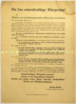 Aufruf des Hansa-Bundes an das Bürgertum zur Wahl der Nationalversammlung 1919