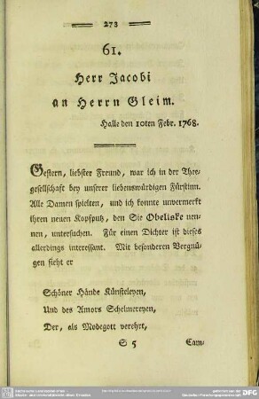 61. Herr Jacobi an Herrn Gleim. Halle den 10ten Febr. 1768
