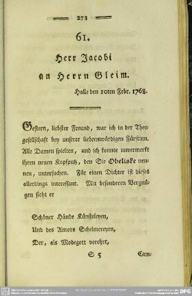 61. Herr Jacobi an Herrn Gleim. Halle den 10ten Febr. 1768