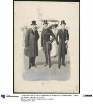 Drei elegante Herren auf der Rennbahn: Stadtchesterfield, Cutaway und Gehrock