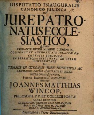 Disp. inaug. ... de iure patronatus ecclesiastico