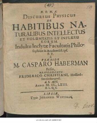 Discursus Physicus De Habitibus Naturalibus Intellectus Et Voluntatis Et Influxu Eorum