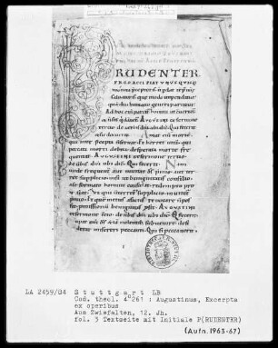 Augustinus, Excerpta ex operibus — Initiale P(RUDENTER), Folio 3recto