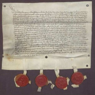 Die vier Söhne König Ruprechts nehmen die von den durch König Ruprecht ernannten Schiedsleuten vollzogene Landesteilung an.