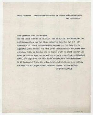 Brief von Raoul Hausmann an Herrn Schlesinger. Berlin