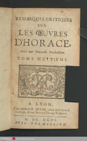 8: Remarques critiques sur les œuvres d'Horace : avec une nouvelle traduction