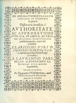 De Obligationibvs, Earvm Speciebvs, Et Effectibvs in genere Disputatio Iuridica