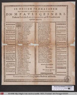 In Obitum Praematurum Reverendi Clarissimi Et Doctissimi Viri Dn. Pauli Gesneri, Pastoris Ecclesiae Lunaeburgensis ad D. Lambertum optime meriti