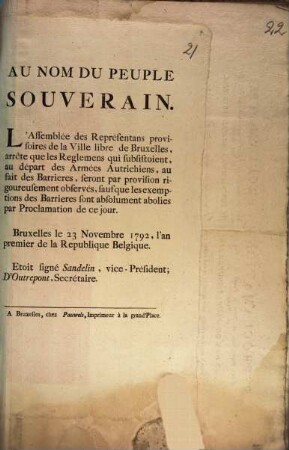 Au Nom Du Peuple Souverain : Bruxelles le 23 Novembre 1792.