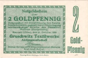 Goldwechselschein der Firma Gruschwitz Textilwerke AG in Neusalz an der Oder