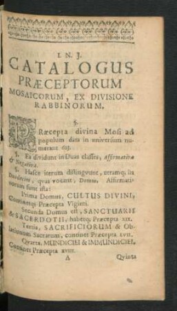 Catalogus Praeceptorum Mosaicorum, Ex Divisione Rabbinorum.
