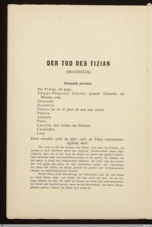 Der Tod des Tizian : (Bruchstück) / Hugo von Hofmannsthal