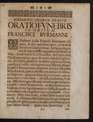 Iohannis Georgii Graevii Oratio Funebris In Obitum Francisci Burmanni.