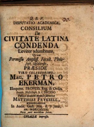 Disp. acad. consilium de civitate latina condenda leviter adumbrans