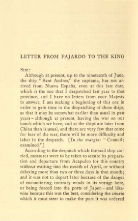 Letter from Fajardo to the king