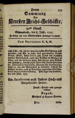 50tes Stuck. Schwabach, den 8. Julii, 1757.