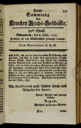 50tes Stuck. Schwabach, den 8. Julii, 1757.