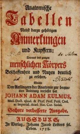 Anatomische Tabellen nebst darzu gehörigen Anmerkungen und Kupffern : Daraus d. ganzen menschl. Körpers Beschaffenheit u. Nutzen deutl. zu ersehen