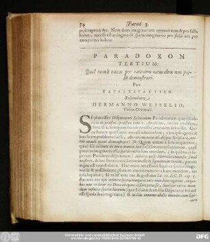 Paradoxon Tertium: Quod mundi unitas per rationem naturalem non possit demonstrari.