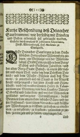 Kurtze Beschreibung deß Deinacher Saurbrunnens/ wie derselbig mit Trincken und Baden ordentlich soll gebraucht werden.