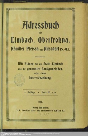 8.1914: Adreßbuch für Limbach, Oberfrohna, Kändler, Pleißa, Niederfrohna : mit e. Plan von Limbach